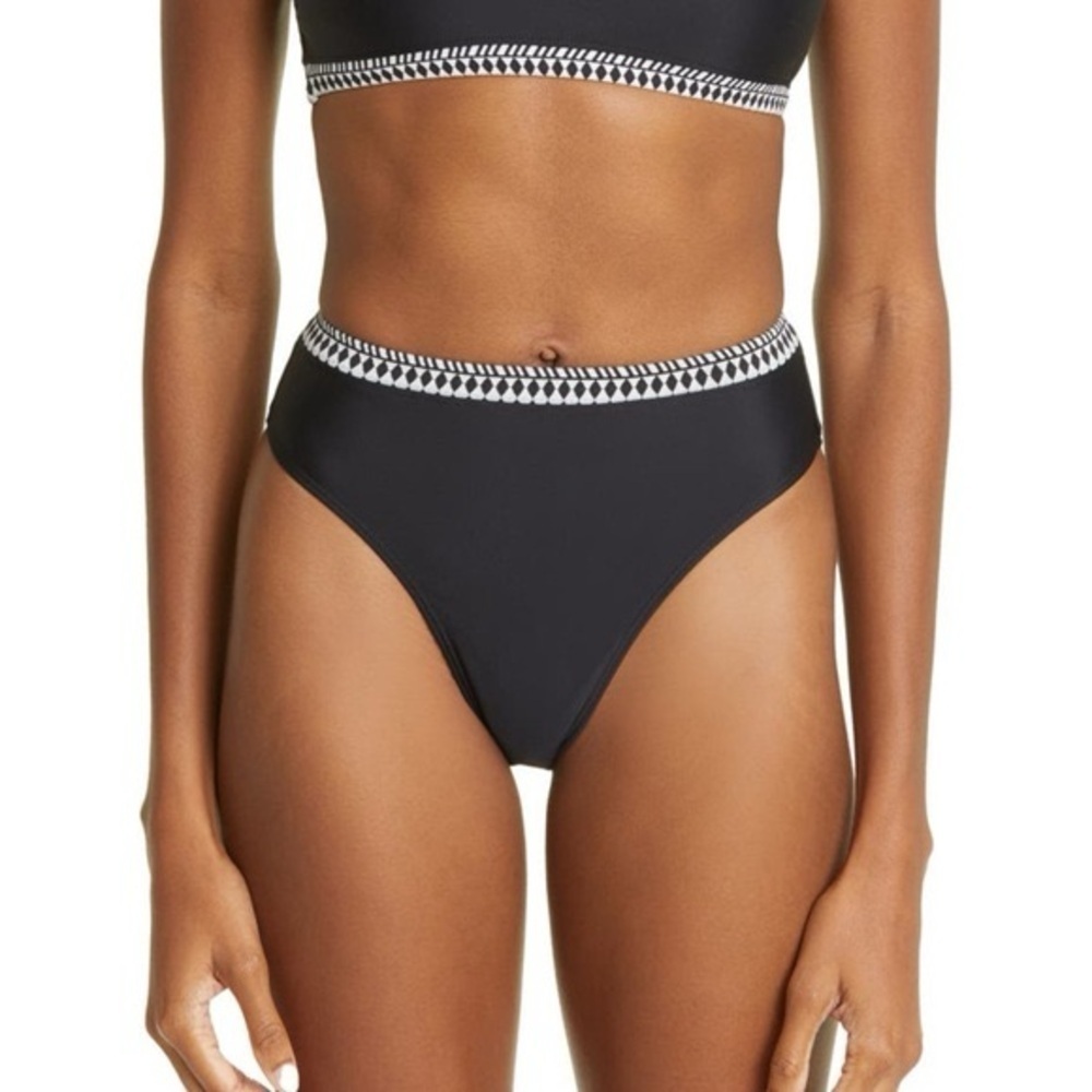 New Lemlem Lena High Leg Bikini Bottoms Black Embroidered Waist Sz L